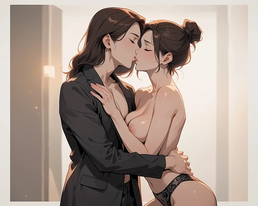 Romantic manhwa scene between two adults in soft directional light