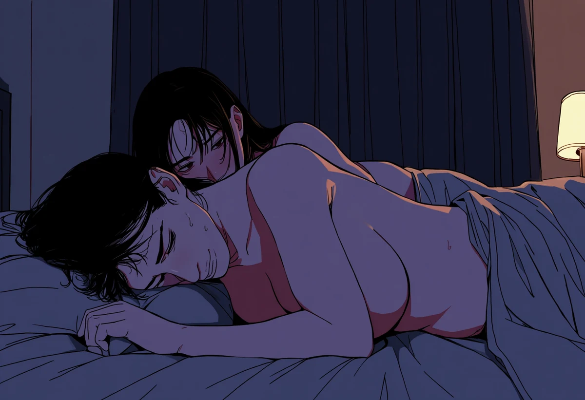 a nude adult woman age 31 lying across her adult partner's chest in a dark bedroom at three in the morning, sweat-damp hair, one bedside lamp, quiet intimacy after sex, explicit adult manhwa art style