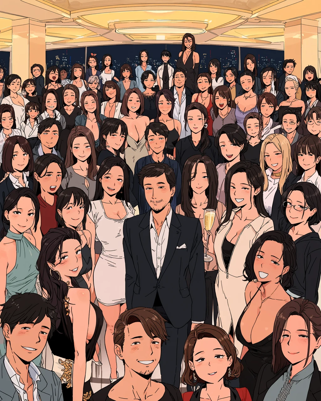 an adult couple age 47 and 50 in a hotel suite on their anniversary, her dress unzipped to the waist, champagne untouched, city lights, mature adult manhwa art style
