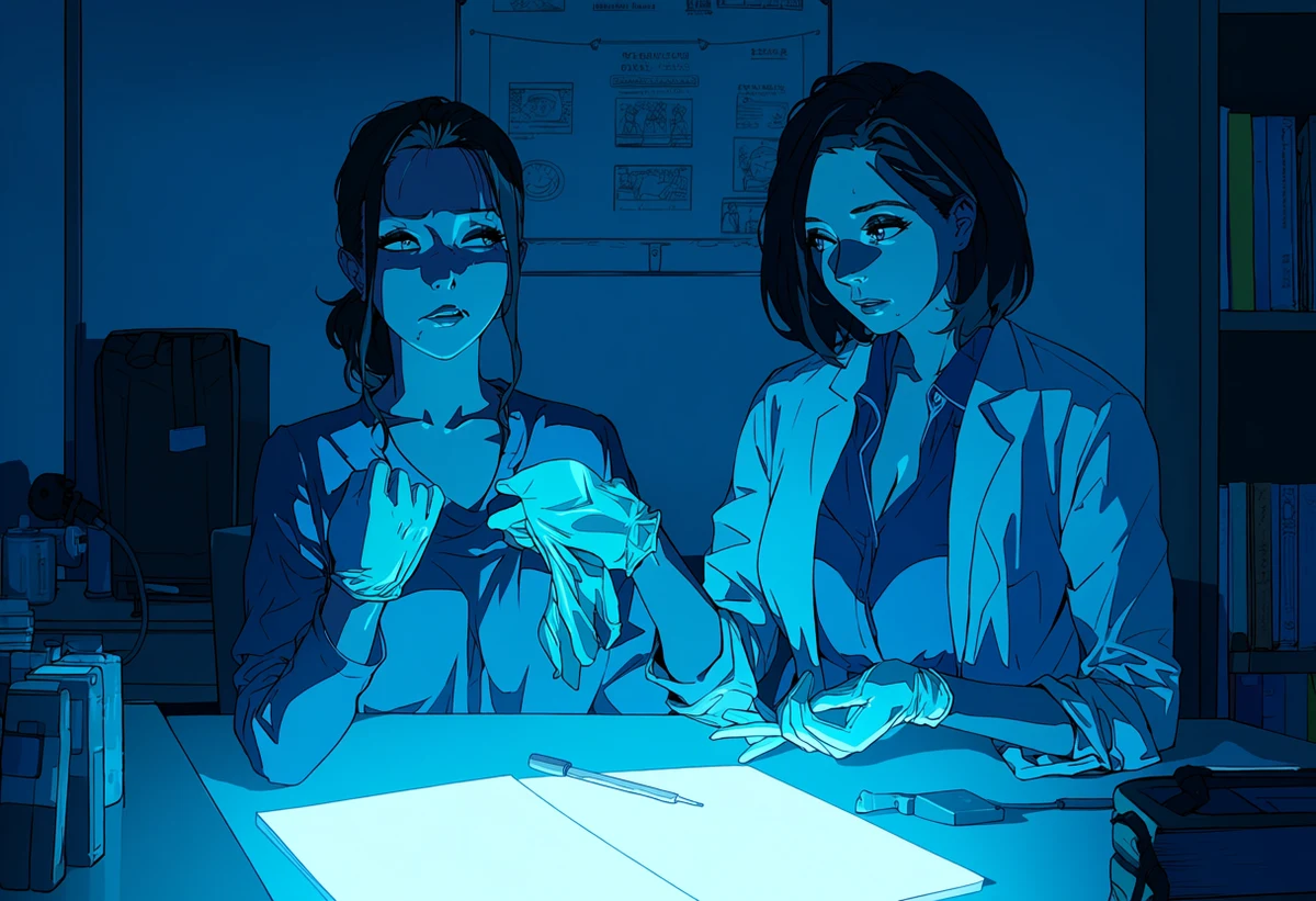 an adult forensic examiner age 39 and her adult partner alone in a lab at night, gloves peeled off, blue light, tension breaking, adult mystery manhwa art style