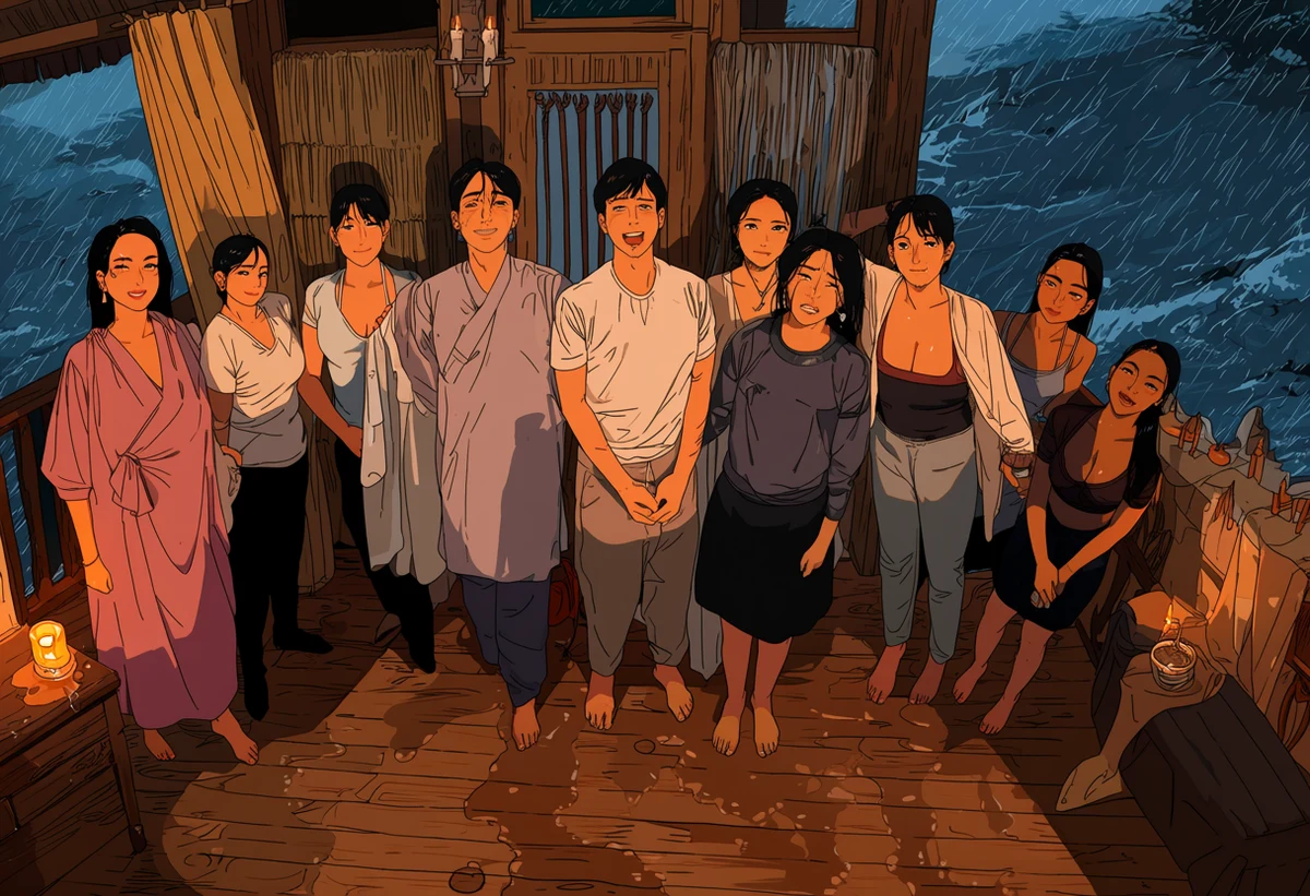 a Thai adult couple age 30 and 34 in a Koh Lanta bungalow at night during a storm, a candle stub, wet footprints on the wood floor, explicit adult illustration