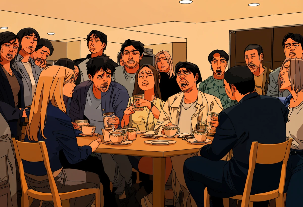an adult couple age 35 and 37 at a kitchen table having an argument they have had many times, repeated cup rings, flat overhead light, adult psychological manhwa art style